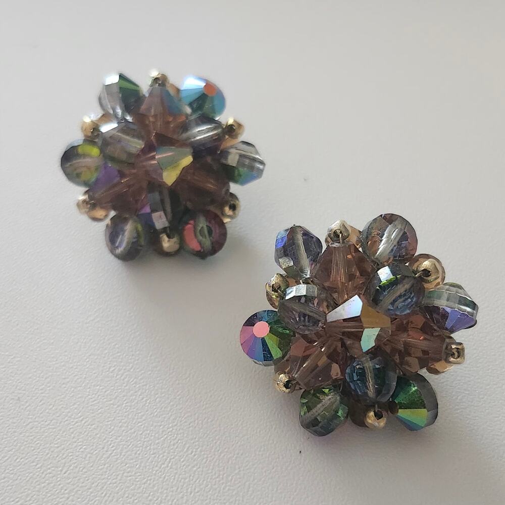 Vintage Aurora Borealis Glass Cluster Bead Clip On Earrings Gold Tone Statement